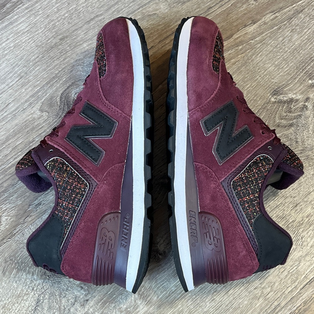 New Balance 574 Burgundy Suede Tweed Wool Sneakers WL574DCX Womens 8.5
